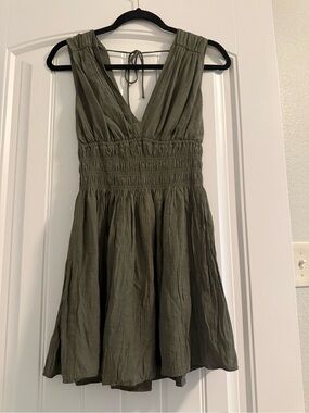 Abercrombie & Fitch Olive Green V-Neck Smocked Waist Mini Dress